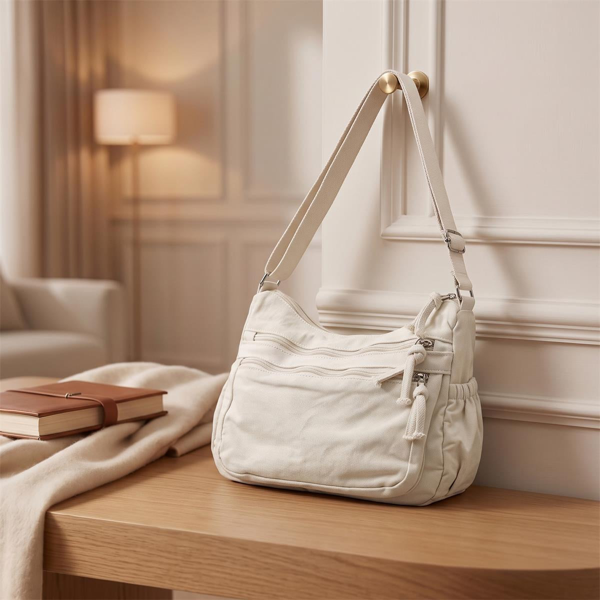 Distressed Canvas Messenger Bag - Multi-Zipper Layered Design