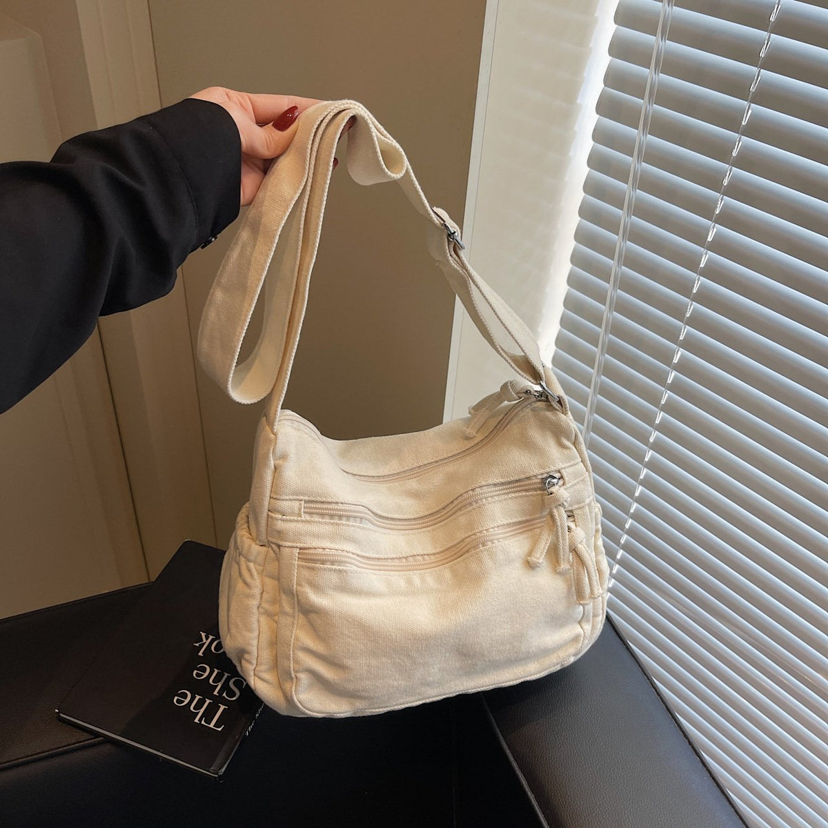 Distressed Canvas Messenger Bag - Multi-Zipper Layered Design