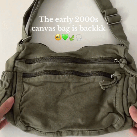 Distressed Canvas Messenger Bag - Multi-Zipper Layered Design
