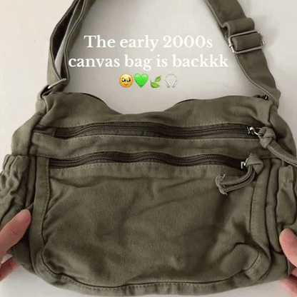 Distressed Canvas Messenger Bag - Multi-Zipper Layered Design