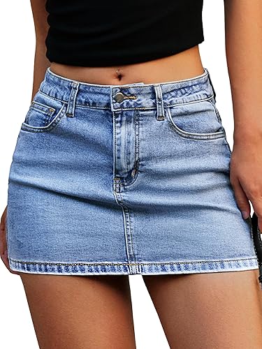 ELLEVEN Denim Mini Skirt for Women, High Stretch Low Waist Jean Skirt with Shorts Underneath Sexy Bodycon Casual Micro Skort
