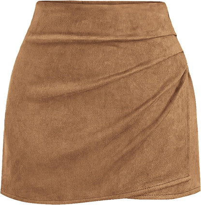 Faux Suede Mini Skirts for Women Ruched Wrap Skorts