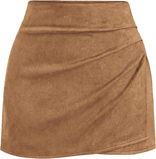 Faux Suede Mini Skirts for Women Ruched Wrap Skorts