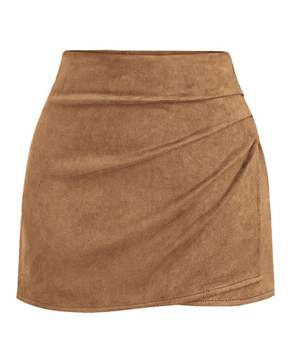 Faux Suede Mini Skirts for Women Ruched Wrap Skorts