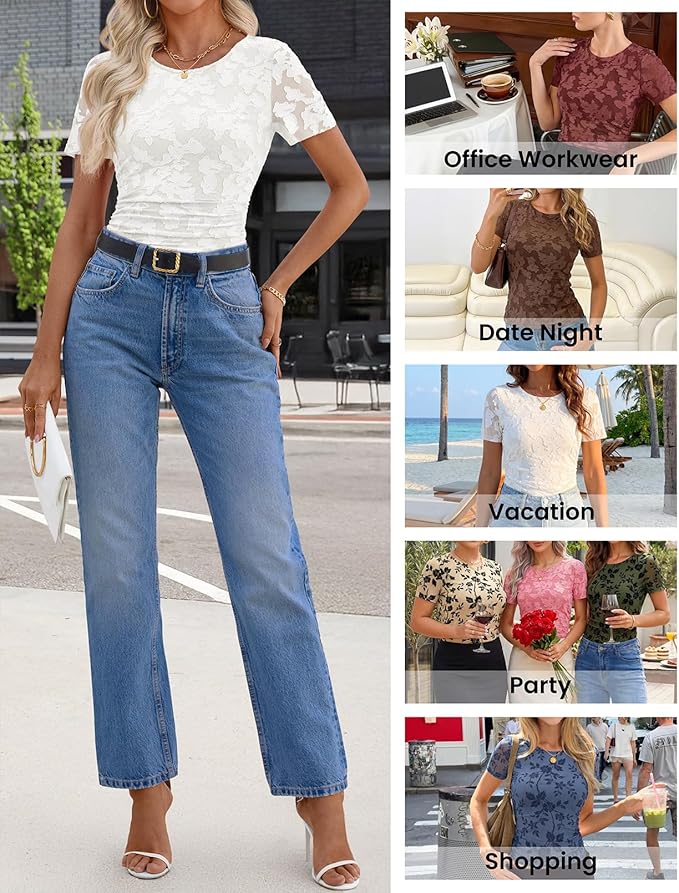 Women's Summer Short Sleeve Floral Mesh Blouse Top 2026 Dressy Casual Crewneck Ruched Fitted T Shirt Outfit
