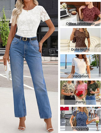 Women's Summer Short Sleeve Floral Mesh Blouse Top 2026 Dressy Casual Crewneck Ruched Fitted T Shirt Outfit