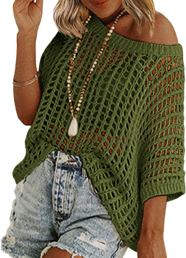 Short Sleeve Crochet Sweater Lightweight Summer Tops Loose Hollow Out Crewneck Pullover