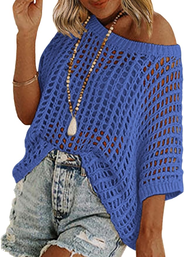 Short Sleeve Crochet Sweater Lightweight Summer Tops Loose Hollow Out Crewneck Pullover