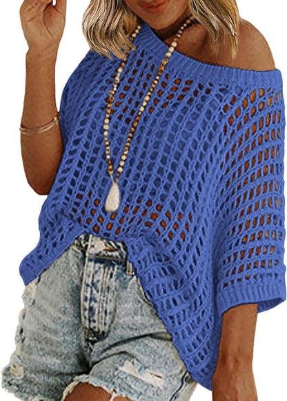 Short Sleeve Crochet Sweater Lightweight Summer Tops Loose Hollow Out Crewneck Pullover