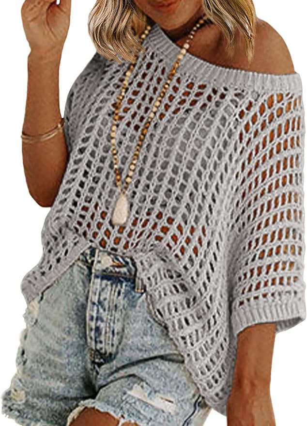 Short Sleeve Crochet Sweater Lightweight Summer Tops Loose Hollow Out Crewneck Pullover