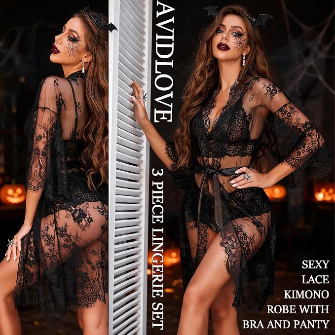Women 3 Piece Lingerie Set Lace Robe Bra Panty Mesh Sleepwear
