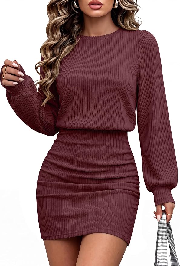 Women‘s Lightweight Lantern Long Sleeve Fall Mini Sweater Dress