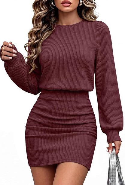 Women‘s Lightweight Lantern Long Sleeve Fall Mini Sweater Dress