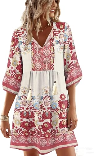 Boho Summer Dresses V Neck 3/4 Sleeve Floral Printed Loose Plus Size Flowy Beach Vacation Dress