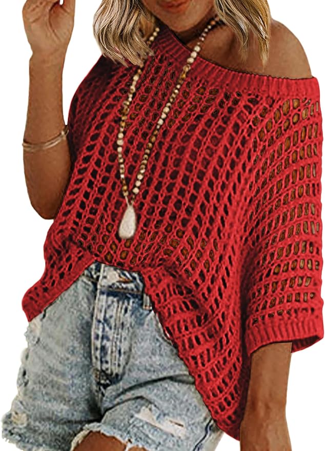 Short Sleeve Crochet Sweater Lightweight Summer Tops Loose Hollow Out Crewneck Pullover