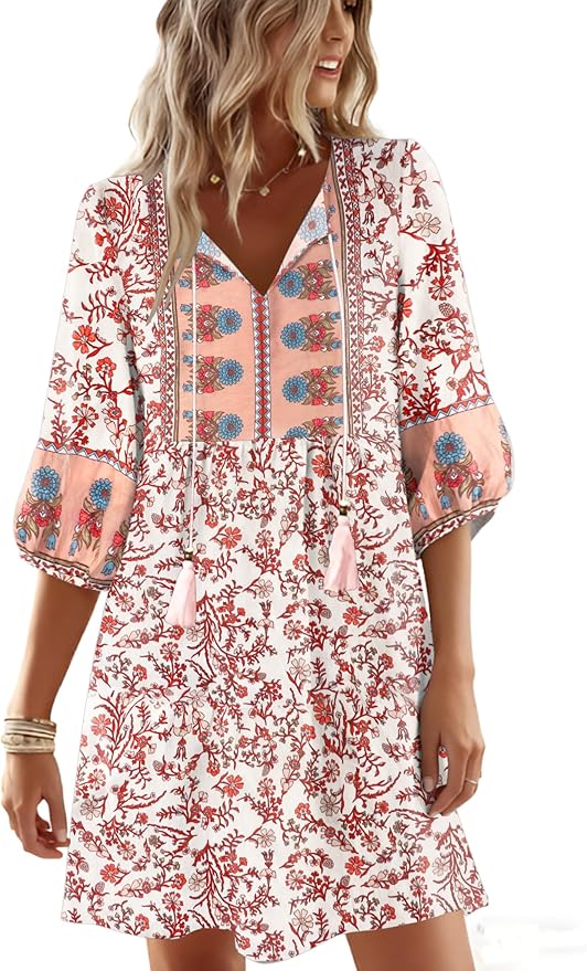 Boho Summer Dresses V Neck 3/4 Sleeve Floral Printed Loose Plus Size Flowy Beach Vacation Dress