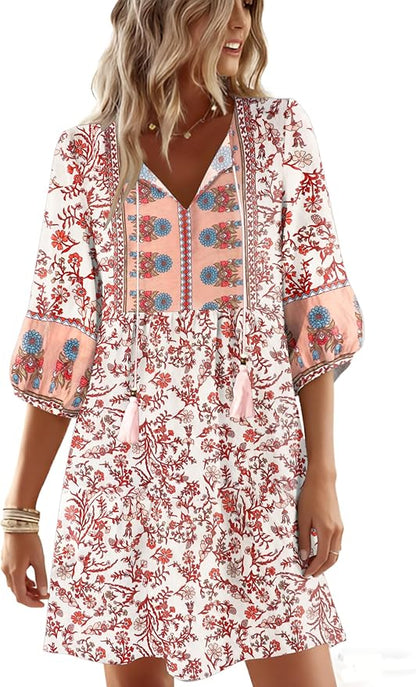 Boho Summer Dresses V Neck 3/4 Sleeve Floral Printed Loose Plus Size Flowy Beach Vacation Dress