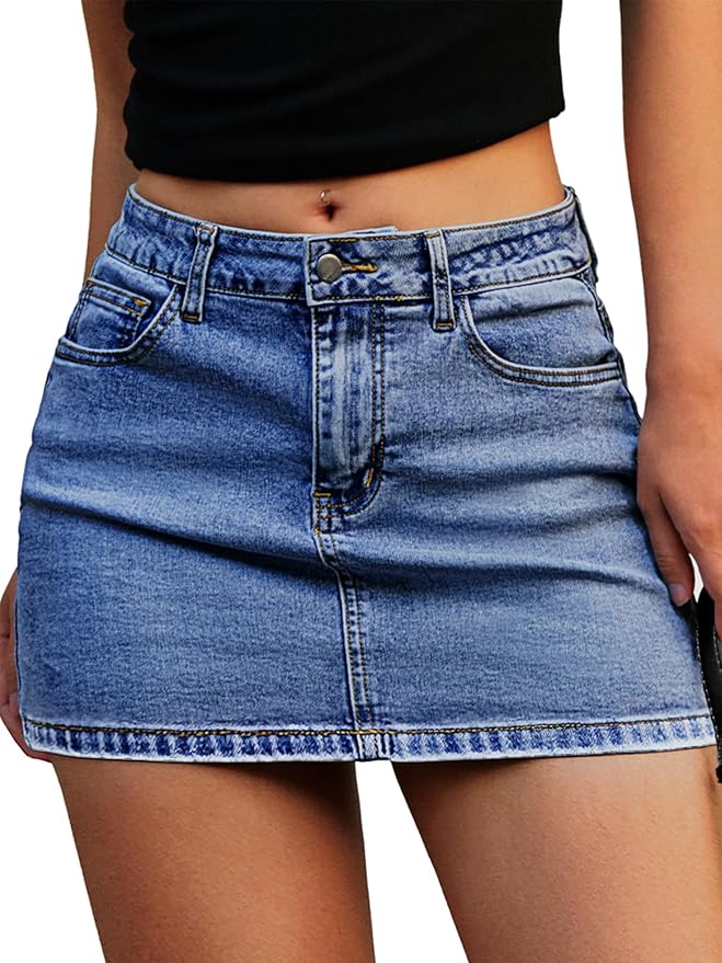 ELLEVEN Denim Mini Skirt for Women, High Stretch Low Waist Jean Skirt with Shorts Underneath Sexy Bodycon Casual Micro Skort