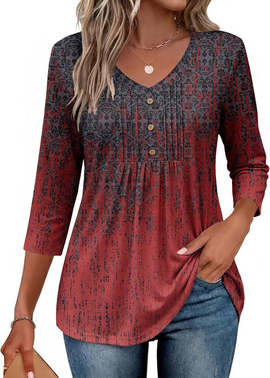 3/4 Length Sleeve Womens Tops V Neck Blouses Casual Pleated Shirts