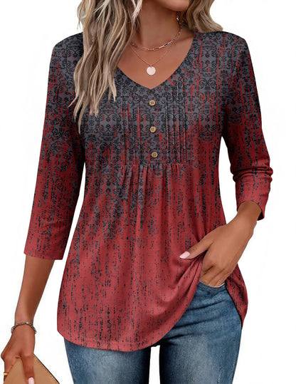 3/4 Length Sleeve Womens Tops V Neck Blouses Casual Pleated Shirts