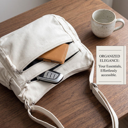 Distressed Canvas Messenger Bag - Multi-Zipper Layered Design
