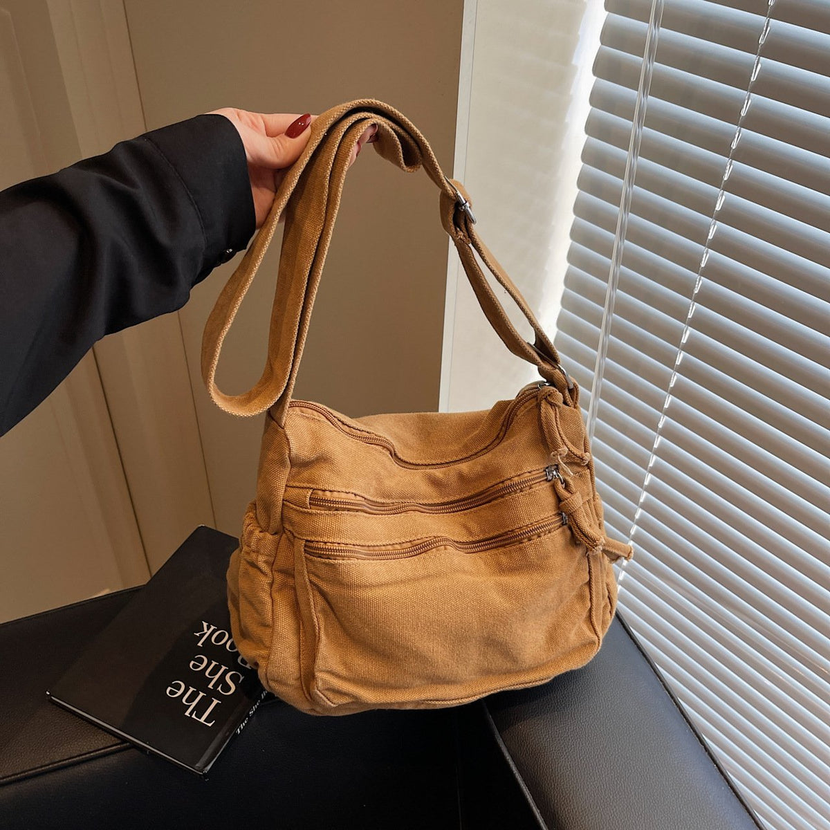 Distressed Canvas Messenger Bag - Multi-Zipper Layered Design