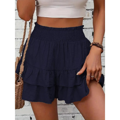 High-Waist Ruffle Smocked Shorts – Lightweight Double-Layer Lounge Bottoms