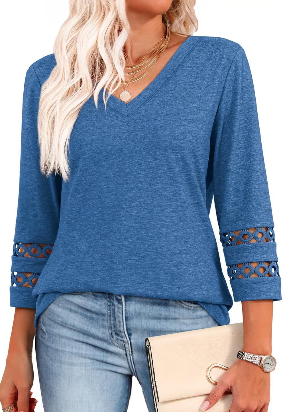 2026 New Womens 3/4 Length Sleeve Tops Trendy V Neck T Shirts