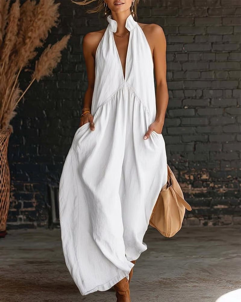 Solid-Color Sleeveless Stand-Collar Long Cotton-Linen Dress