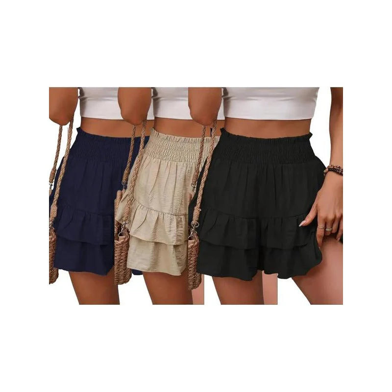 High-Waist Ruffle Smocked Shorts – Lightweight Double-Layer Lounge Bottoms