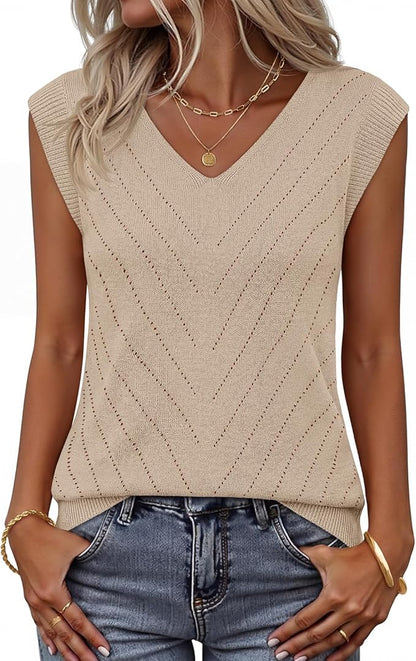 Womens Summer Sleeveless Knit Tank Top 2026 V Neck Sweater Vest Casual Eyelet Blouse Shirts Outfits Fashion Clothes