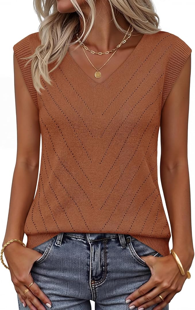 Womens Summer Sleeveless Knit Tank Top 2026 V Neck Sweater Vest Casual Eyelet Blouse Shirts Outfits Fashion Clothes