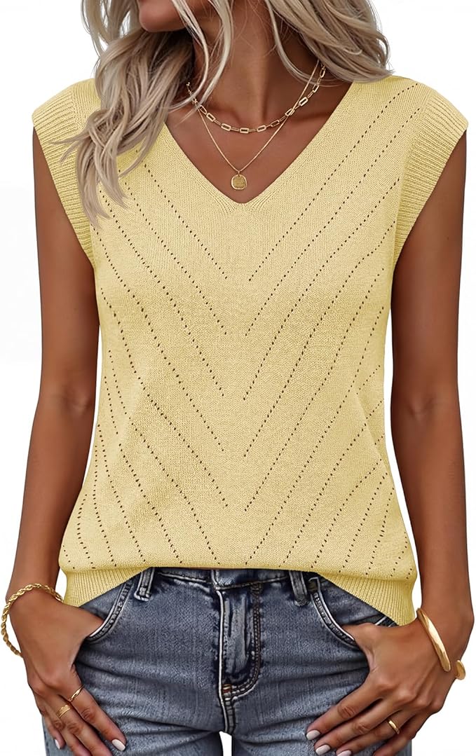 Womens Summer Sleeveless Knit Tank Top 2026 V Neck Sweater Vest Casual Eyelet Blouse Shirts Outfits Fashion Clothes