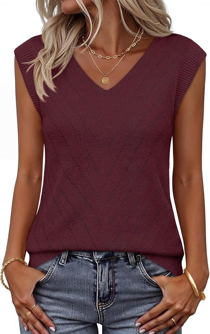 Womens Summer Sleeveless Knit Tank Top 2026 V Neck Sweater Vest Casual Eyelet Blouse Shirts Outfits Fashion Clothes
