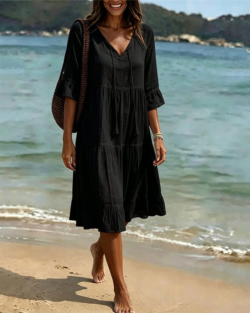 Flared Half Sleeve Tie Waist Dress