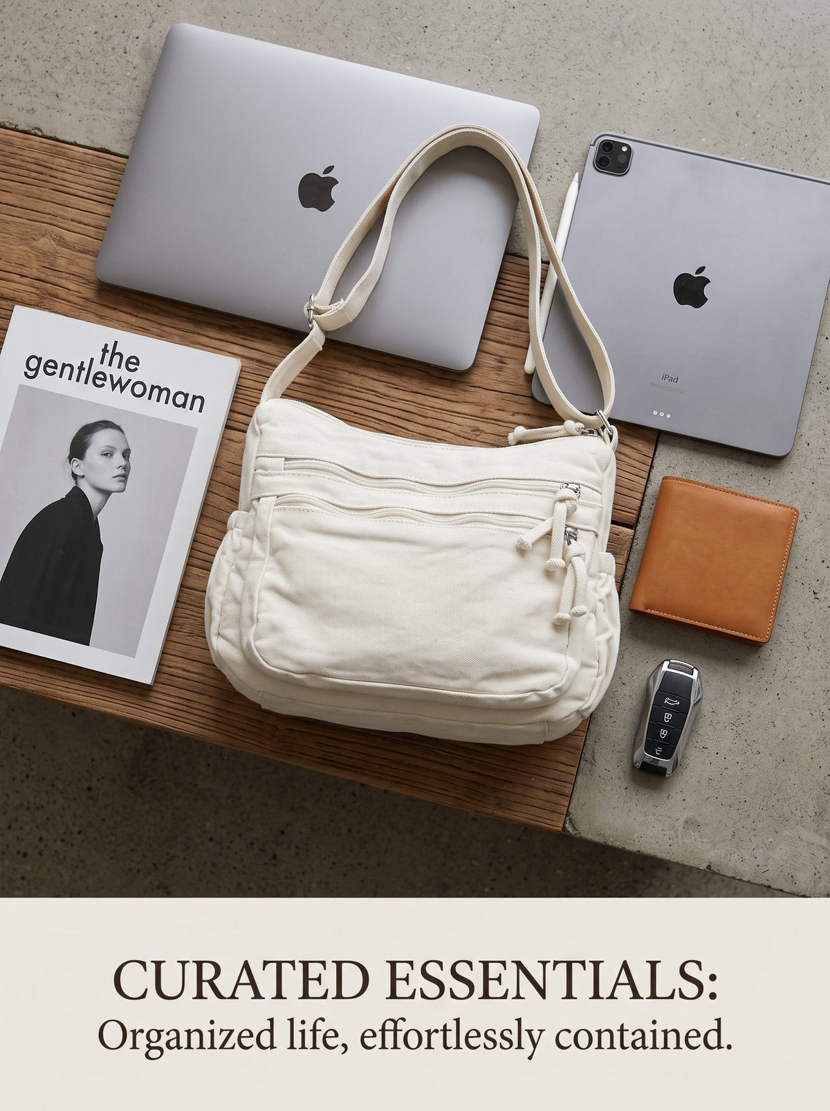 Distressed Canvas Messenger Bag - Multi-Zipper Layered Design