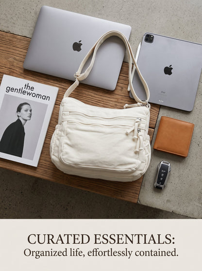 Distressed Canvas Messenger Bag - Multi-Zipper Layered Design