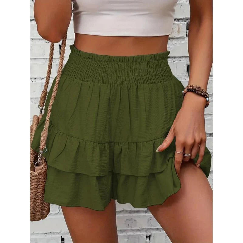High-Waist Ruffle Smocked Shorts – Lightweight Double-Layer Lounge Bottoms