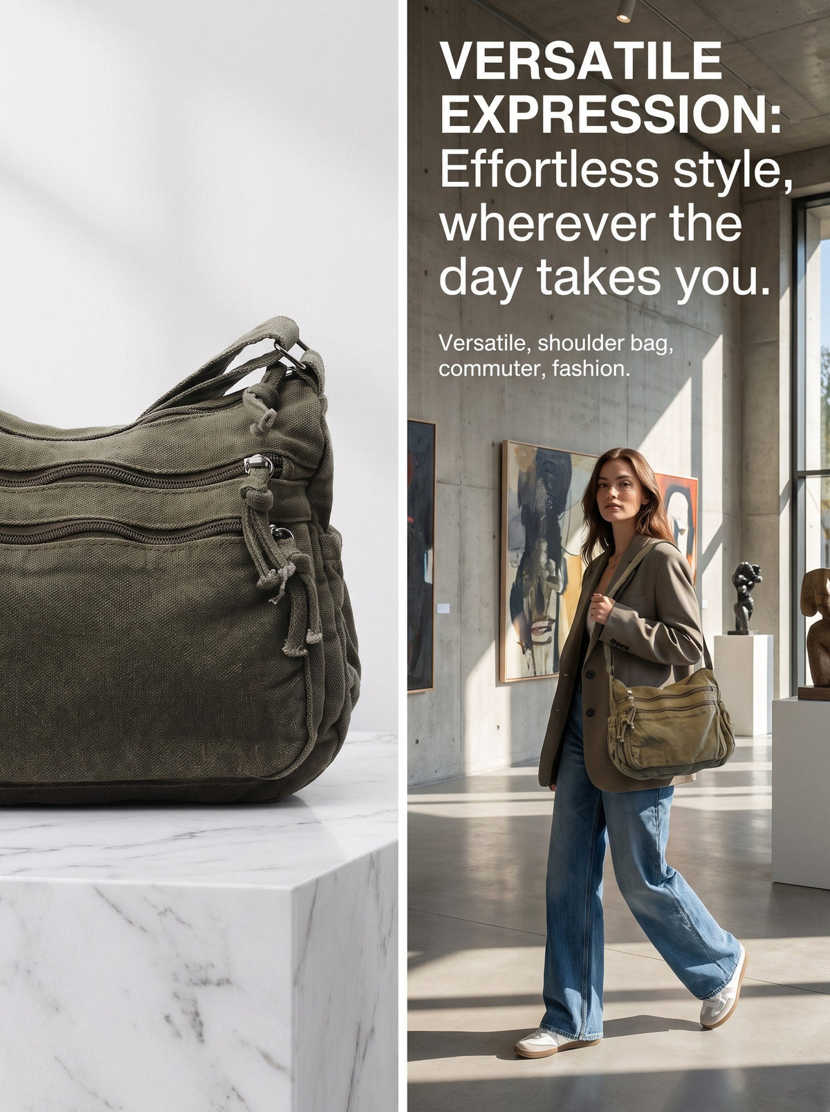 Distressed Canvas Messenger Bag - Multi-Zipper Layered Design