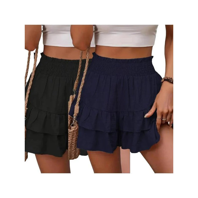 High-Waist Ruffle Smocked Shorts – Lightweight Double-Layer Lounge Bottoms