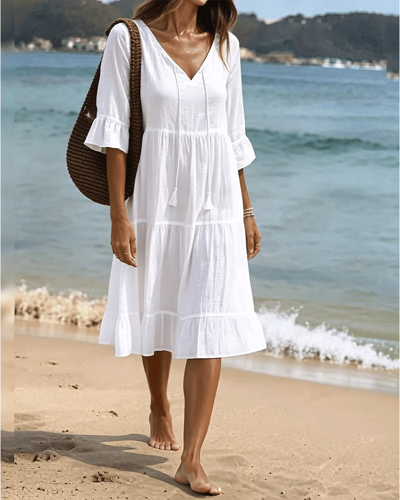 Flared Half Sleeve Tie Waist Dress