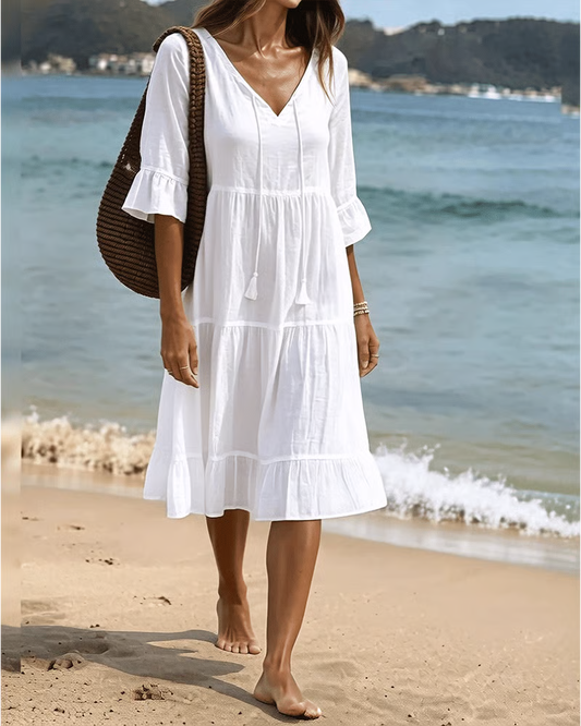 Flared Half Sleeve Tie Waist Dress