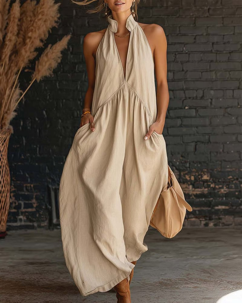 Solid-Color Sleeveless Stand-Collar Long Cotton-Linen Dress