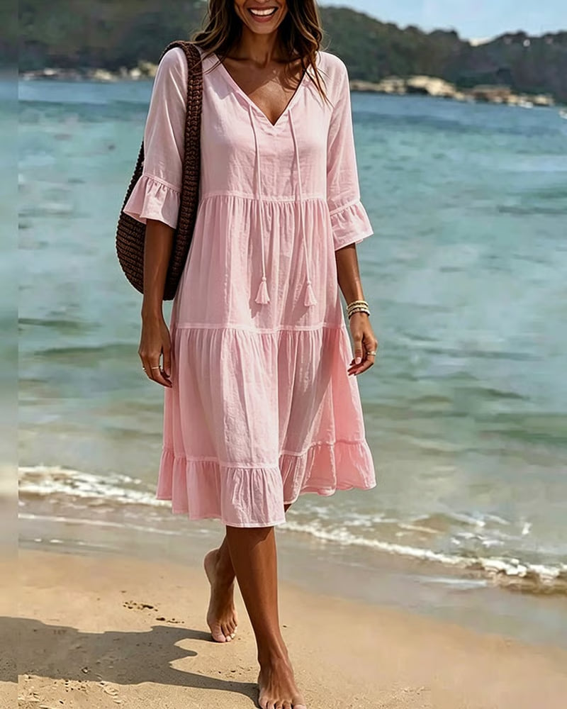 Flared Half Sleeve Tie Waist Dress