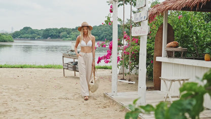 Women's Linen Pants Boho Wide Leg Summer Flowy Elastic Pants Lightweight Beach Vacation Outfits Pants with Pockets